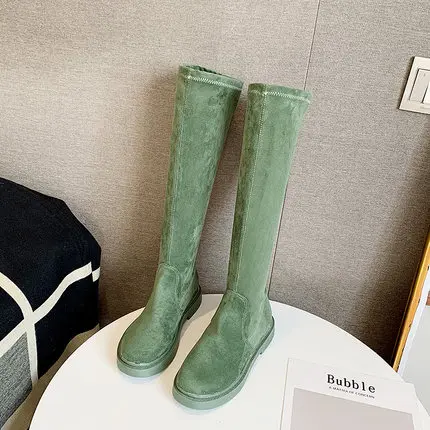 knee boots green Новинка; резиновые сапоги на платформе; модные сапоги выше колена; женские эластичные осенние черные узкие высокие сапоги; женские сапоги до бедра; Цвет Черный - Цвет: knee boots green