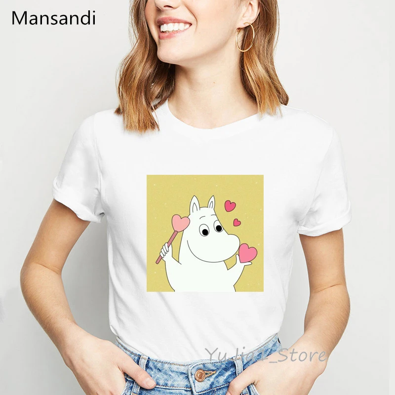Moomins футболка с мультяшным принтом Женская harajuku kawaii одежда Забавные футболки femme корейский стиль модная футболка женская уличная одежда