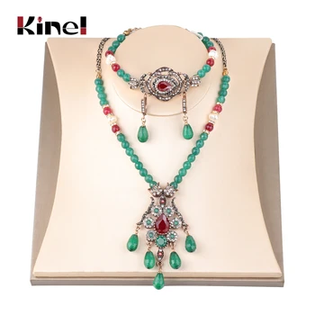 

Kinel Exaggerated Vintage Wedding Jewelry Green Natural Stone Indian Ethnic Jewelry Women Necklace Crystal Bracelet Earring