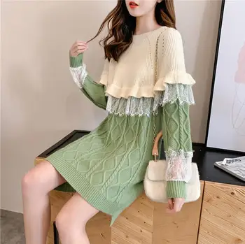 

2020 Spring And Autumn New Color Matching Ruffled Loose Knitted Dress Small Fragrant round neck pullover sweater women