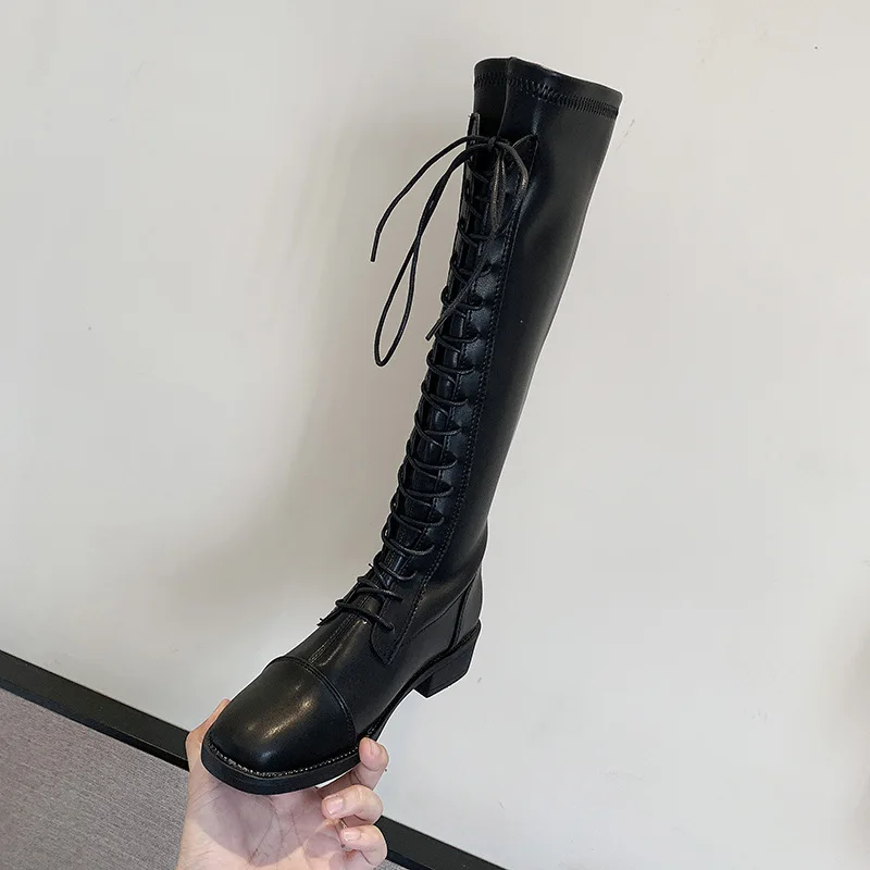 Высокие сапоги-трубы с перекрестной шнуровкой; Женские однотонные кожаные сапоги до колена; botas mujer; модные рыцарские мотоциклетные сапоги на низком каблуке; женская обувь