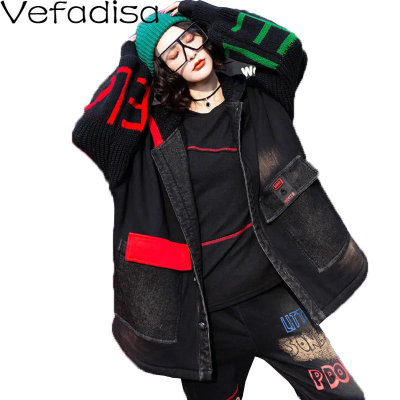 

Vefadisa Knitting Sleeve Denim Jacket Winter 2019 Hooded Animal Printing Coat Thick Long Sleeve Loose Denim Jacket Woman QYF1089