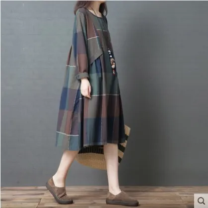

2019 Spring New Style Korean-style Large Size Dress Plaid Mid-length Long Sleeve Cotton Linen Big Hemline Dress Women's Pullover