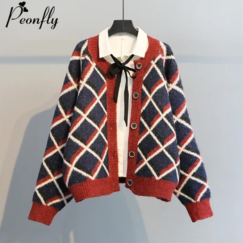 

PEONFLY Vintage Fashion 2020 Women Cardigans Plaid V Neck Single Breasted Casual Women Sweaters Knitted Spring Pull Femme Hiver