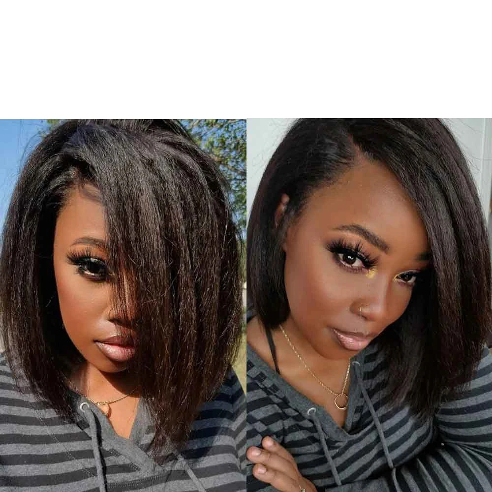 Middle Part Soft Yaki 180 Density Short Bob Kinky Straight Short Cut Wigs Natural Black Lace Front Wig For Women Daily Cosplay