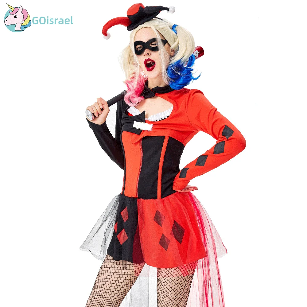 

Halloween clown female cosplay costume circus adult red black stage role playing funny clown movie anime