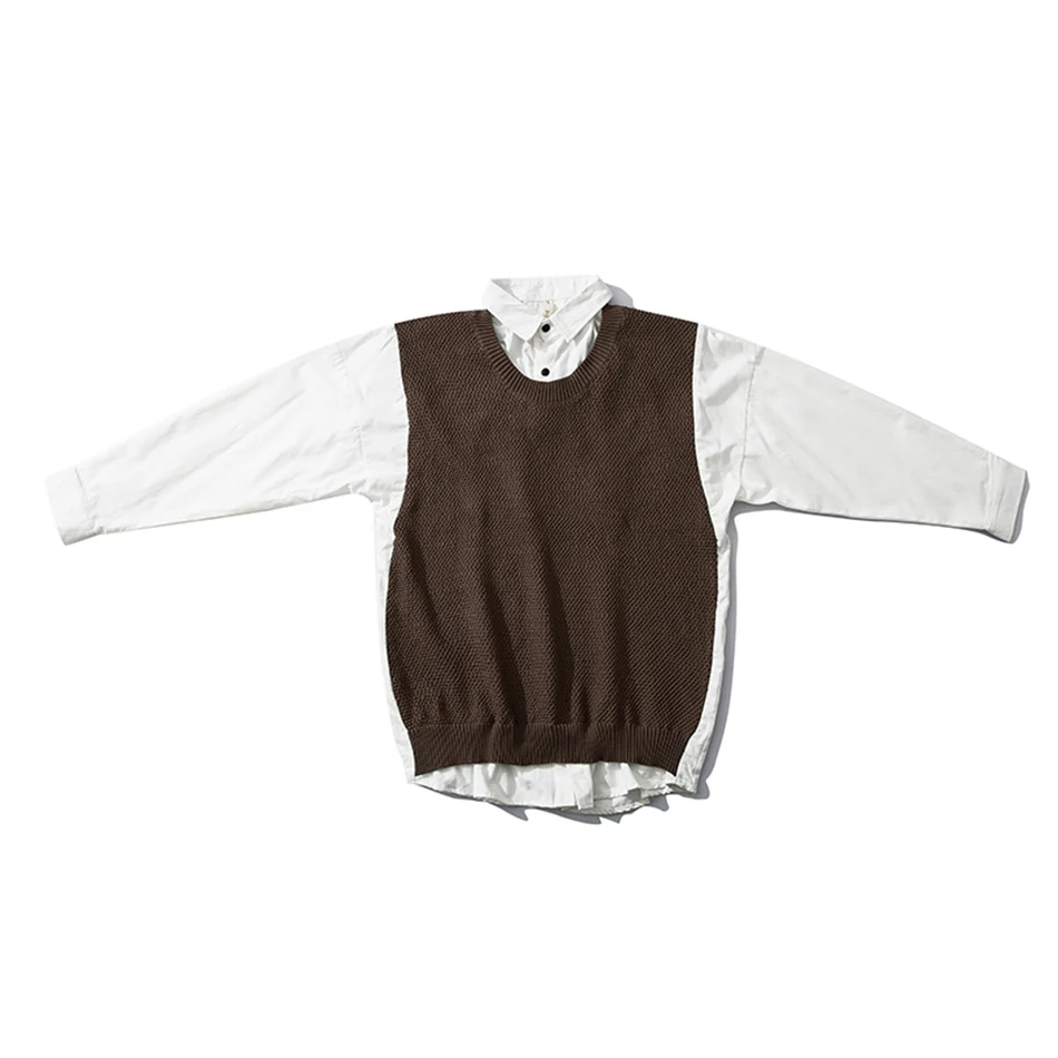 Осень поддельные два Poiece Pull Homme свитер Мужская Новая рубашка воротник Свободный Повседневный длинный рукав лацкан свитер - Цвет: Коричневый