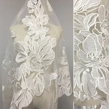 

Glace 1Y/Lot European large leaf lace sequin embroidery fabric off white mesh fabric for wedding dress fashion DIY cloth