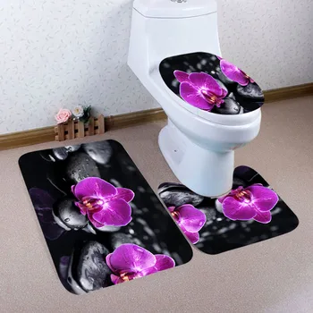 

3pcs Christmas Reindeer Sled Bathroom Pedestal Rug + Lid Toilet Cover + Bath Mat Set Non-slip Home Bath Decor Soft Carpet Rug