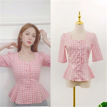 

Princess Quan's same pink square collar Plaid slim short sleeve versatile shirt 2020 NEW
