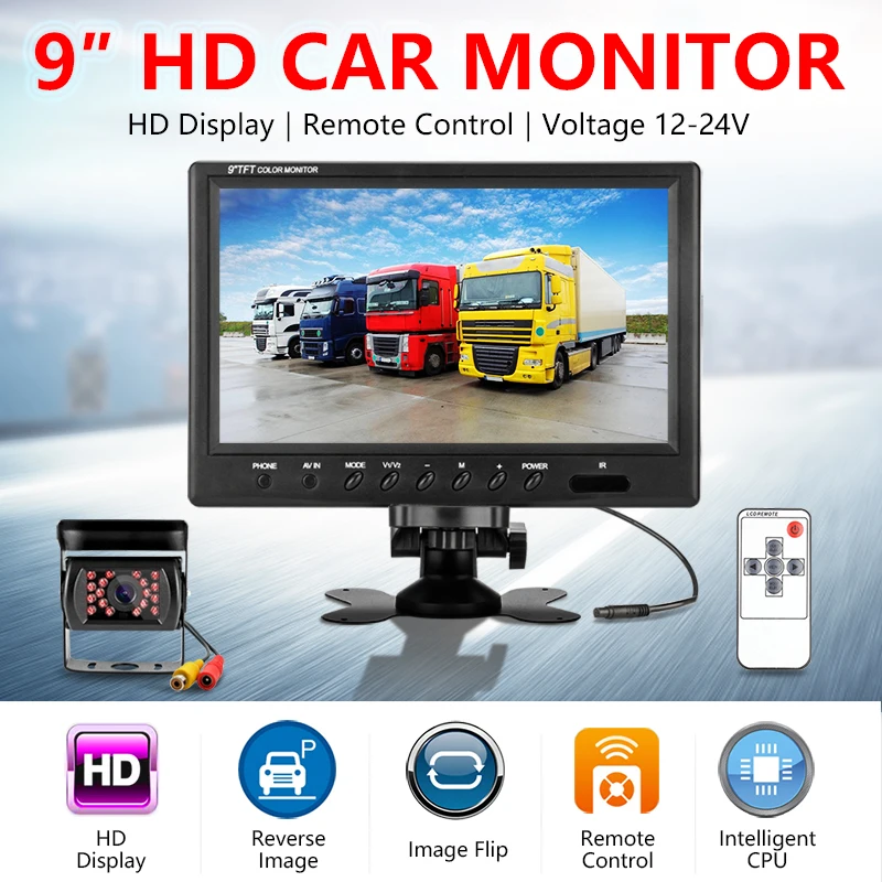  Jansite 9 inch Car Monitor HD Display 2 video input IP67 Waterproof Backup cam Image Flip 12-24V Tr