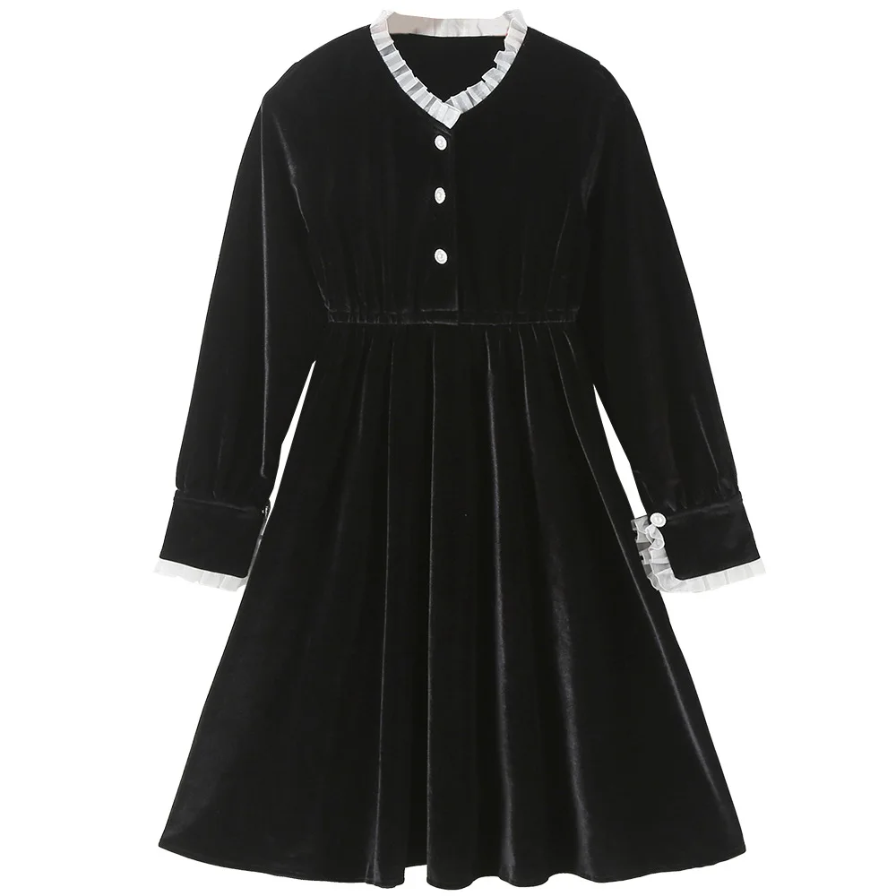 New Teen Kids Velour Autumn Dress Girls Midi Dress 2021 Children Black