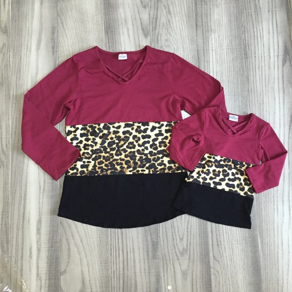 baby girls Fall/winter boutique top t-shirt children clothes family look mommy and me cotton raglans wine leopard long sleeve