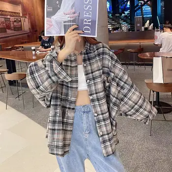 

Autumn Plaid Oversize Women's Shirts Wool Blends Check Batwing Sleeve Female Shirt 2020 Winter Fashion Brushed Casual Lady Tops