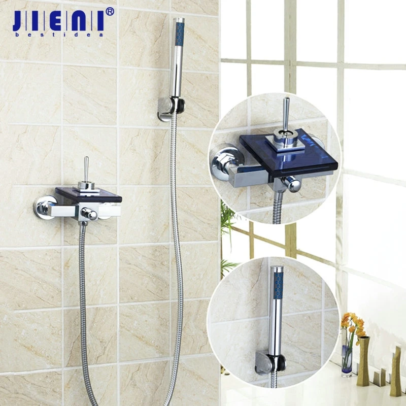 

JIENI Водопад Blue Glass Ванна Душ Наборы для настенного монтажа, хром латунь ванной Ванна Раковина Смеситель Смеситель Смеситель