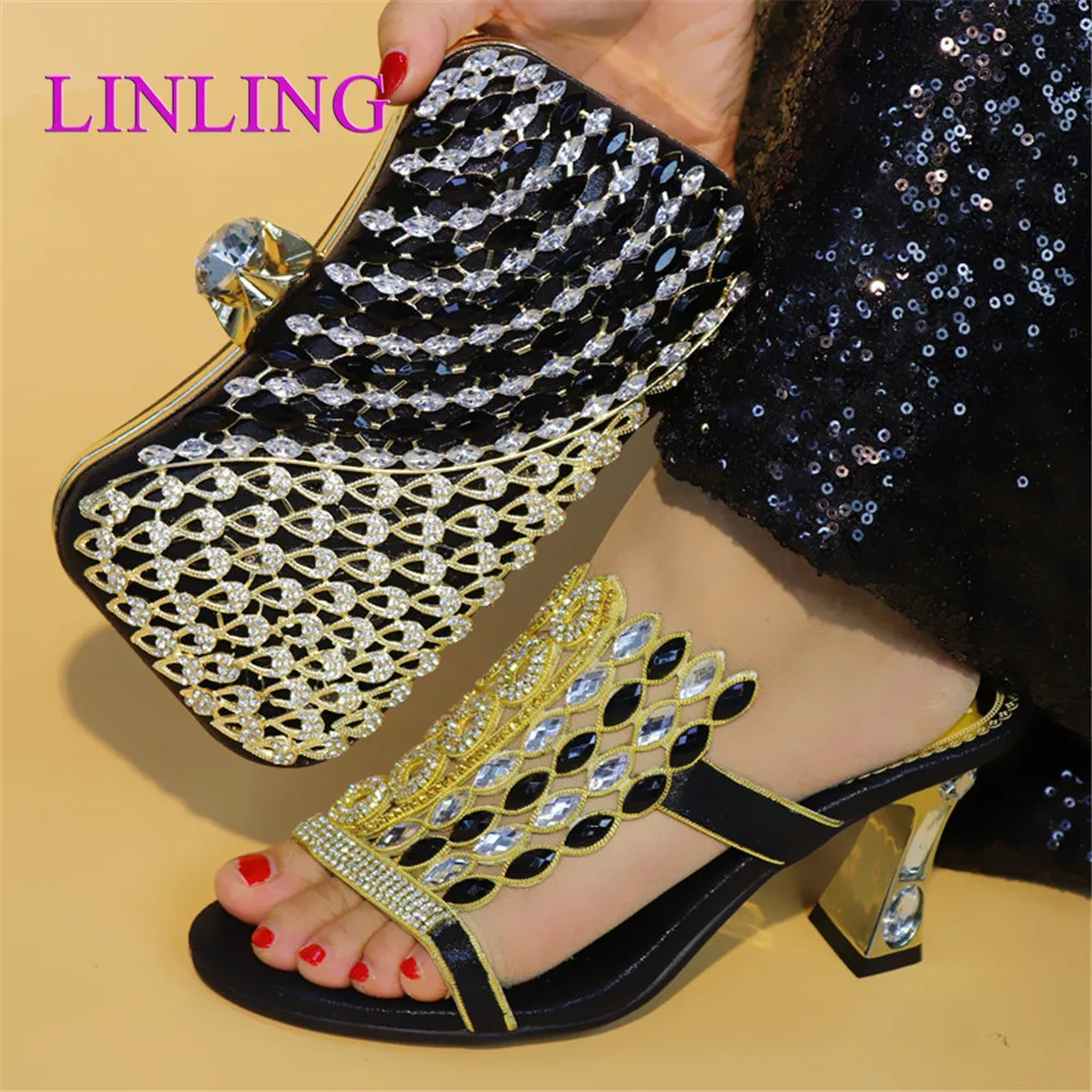 Latest Italian Designer Shoes and Bags Matching Set Nigerian Women Party Pumps High Heels Rhinestone Wedding Elegant | Обувь