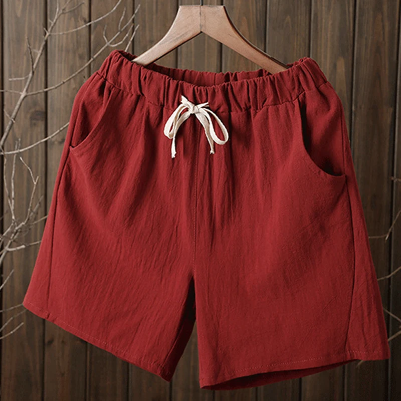 wine red Летняя Женская эластичная талия домашние шорты Свободные повседневные шорты, брюки Feminino карманные шорты женские хлопчатобумажные шорты - Цвет: wine red