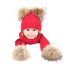 Г. Зимняя вязаная шапка для родителей и детей, комплект с шарфом, шапка для детей, Теплая Шапка-бини с двойным меховым помпоном для детей, реквизит для фотосессии