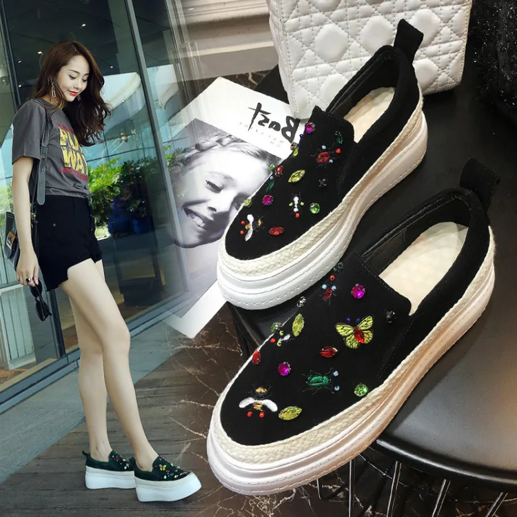

2018 New Style Slip-on Loafers Women's Sheepskin Embroidered Korean-style Versatile Loafers Platform Thick Bottomed Casual Shoes