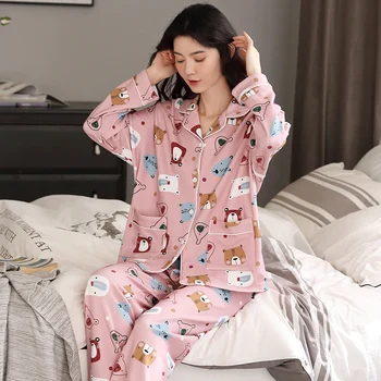 

Women Sleepwear Plus Size 3XL Loose Version Pajamas Lapel Spring Fall Pyjamas Cotton Nightgown Cartoon Nighty Long Sleeve THIN