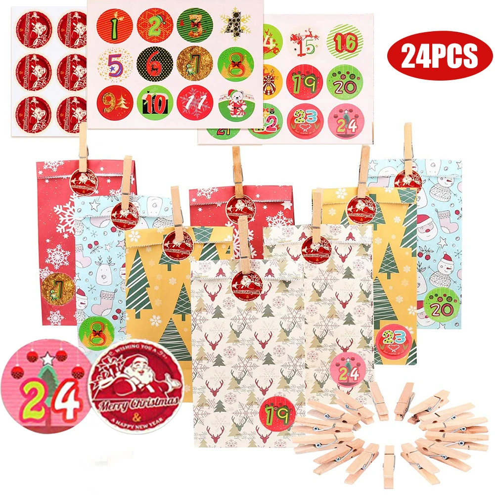 

Christmas Advent Calendar Paper Gift Bag Candy Cake Chocolate Storage Bag With Stickers Clips Ropes For Christmas Decoration
