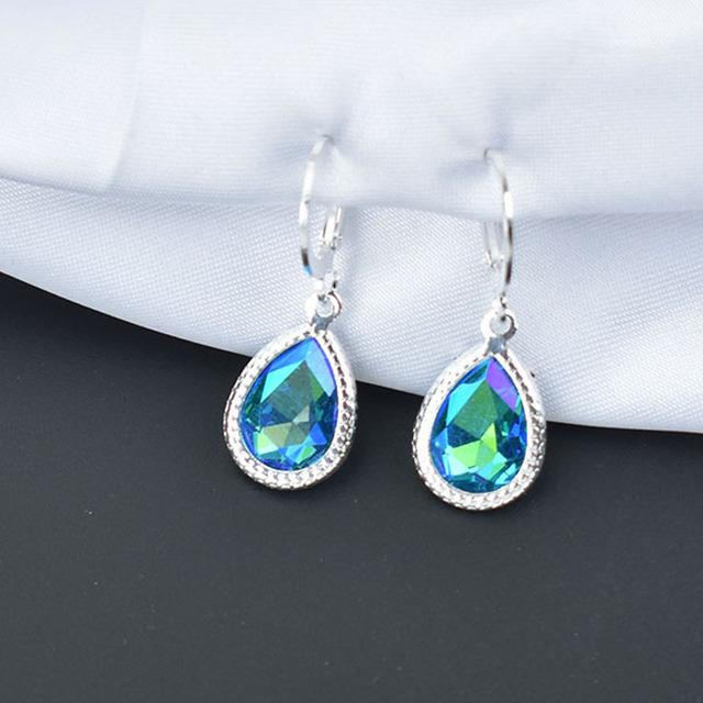 Geometric Crystal Water Drop Earrings For Women Silver Color Red Blue Jewelry Bridal Gift Boucle D'Oreille Femme
