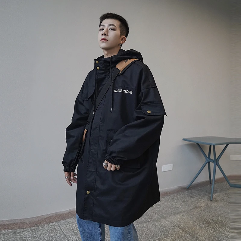 

Men's trench coat new fall 2019 slimming work pieces retro solid color long hooded trench coat loose casual youth men's wear