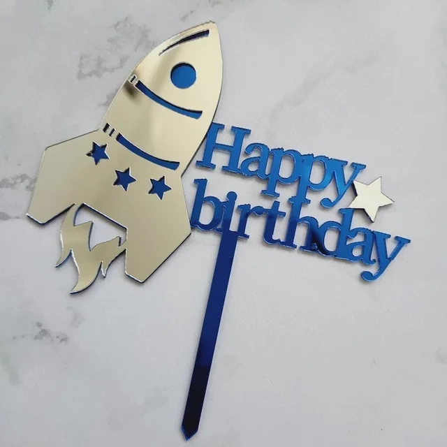 1pcs Double Layers Acrylic Space Theme Rocket Happy Birthday Cake Topper Kids Birthday Party Decoration Supplies Boy Favors silver
