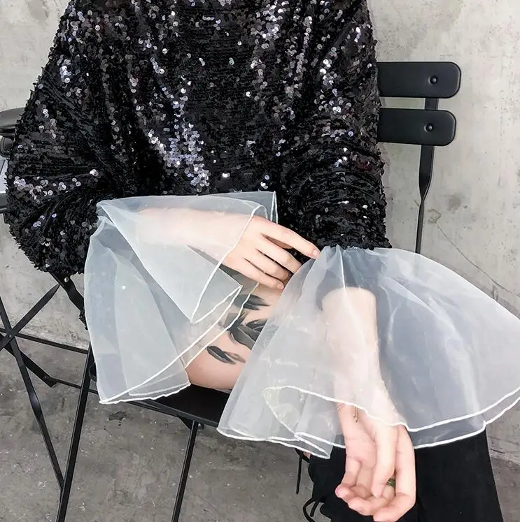 WHITNEY WANG Autumn Fashion Streetwear Colors Contrast Flare Sleeve Sequins Sweatshirt Women Hoodies Pullover