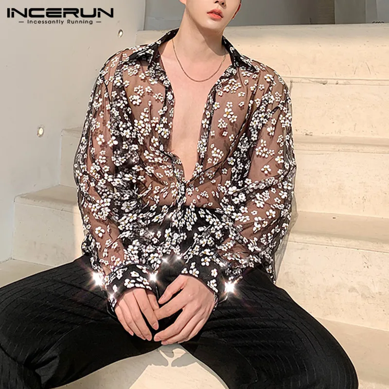 Fashion Men Long Sleeve Mesh Shirts Turn Down Collar Casual Printing Shirt Man See Through Loose Blouse Party long sleeve shirt men casual shirt