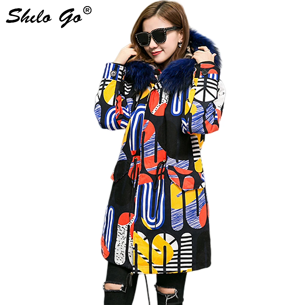 Fur Parkas Highstreet Printed Real Fox Fur Collar Hooded Thick Warm Rabbit Fur Lining Long Coat Women Winter Casual Plus Outwear
