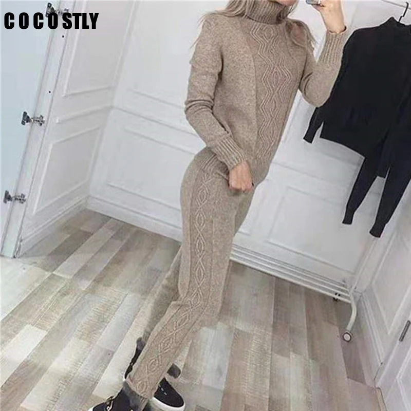 

winter wool knitted Suits high collar two piece set top and pants womans gymnastics knitting Costume woman two piece outfits