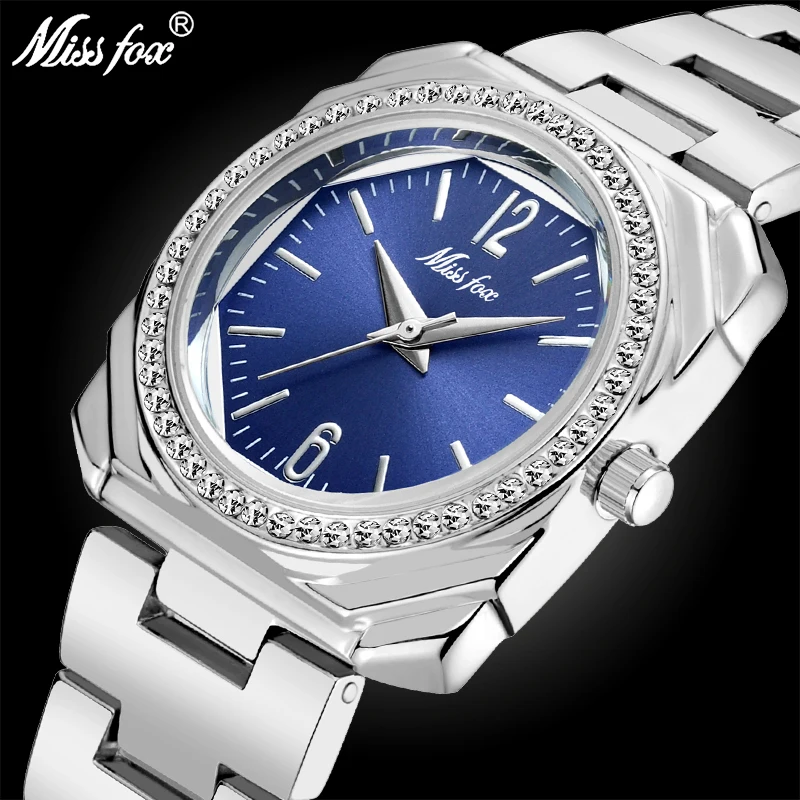 

MISSFOX Blue Female Watch Arabic Numbers Quartz Movement Bling Lady Lab Diamond Watch Women Designer Famous Brand Fashion Watch