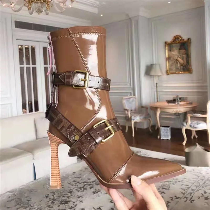 

2019 Runway Patent Leather Strange Heels Ankle Boots Women Autumn Pointed Toe Short Booties Design High Heels Shoes Woman Party