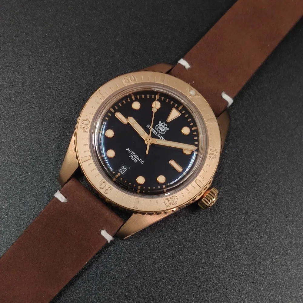 Мужские часы для дайвинга Steeldive SD1965S с кожаным ремешком бронзовые Автоматические