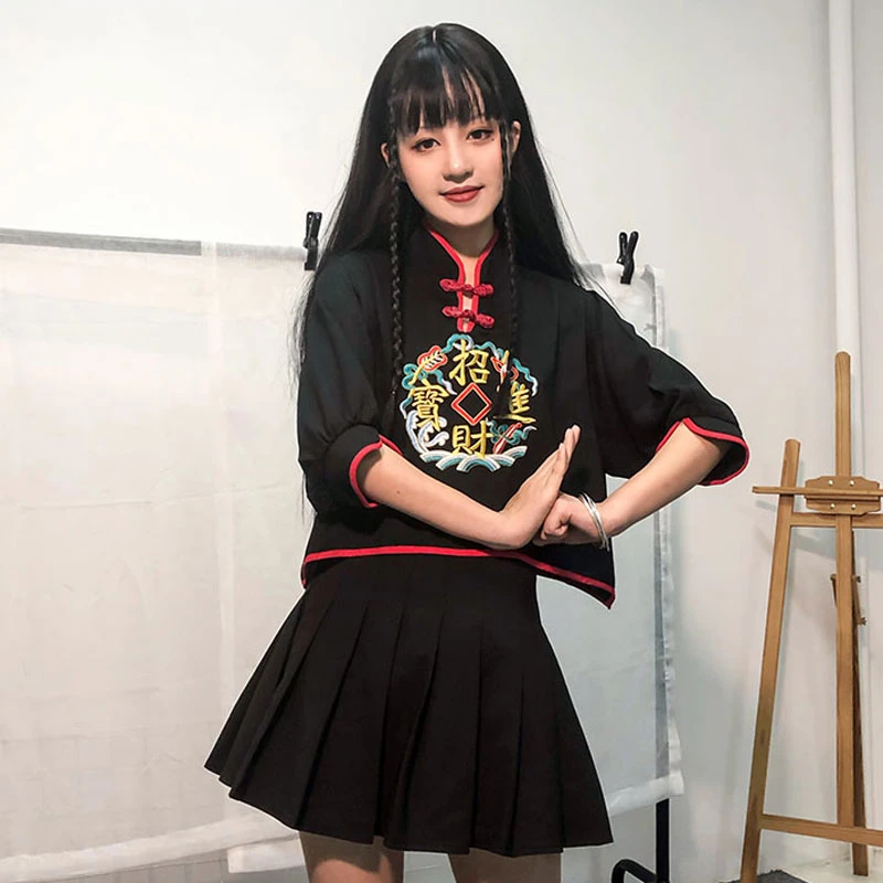 Embroidery Word Кимоно платье японский каваи для девочек Винтаж юката хаори самурайский топ в готическом стиле для женщин вышивка дракон Harajuku вечерние уличная одежда - Цвет: Embroidery Word