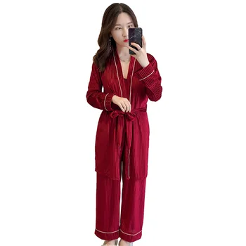 

Red Lady Home Clothes Velvet Warm 3PCS Nighty&Robe Suit Sleepwear Nightgown Kimono Robe Gown Nightwear With Waistband