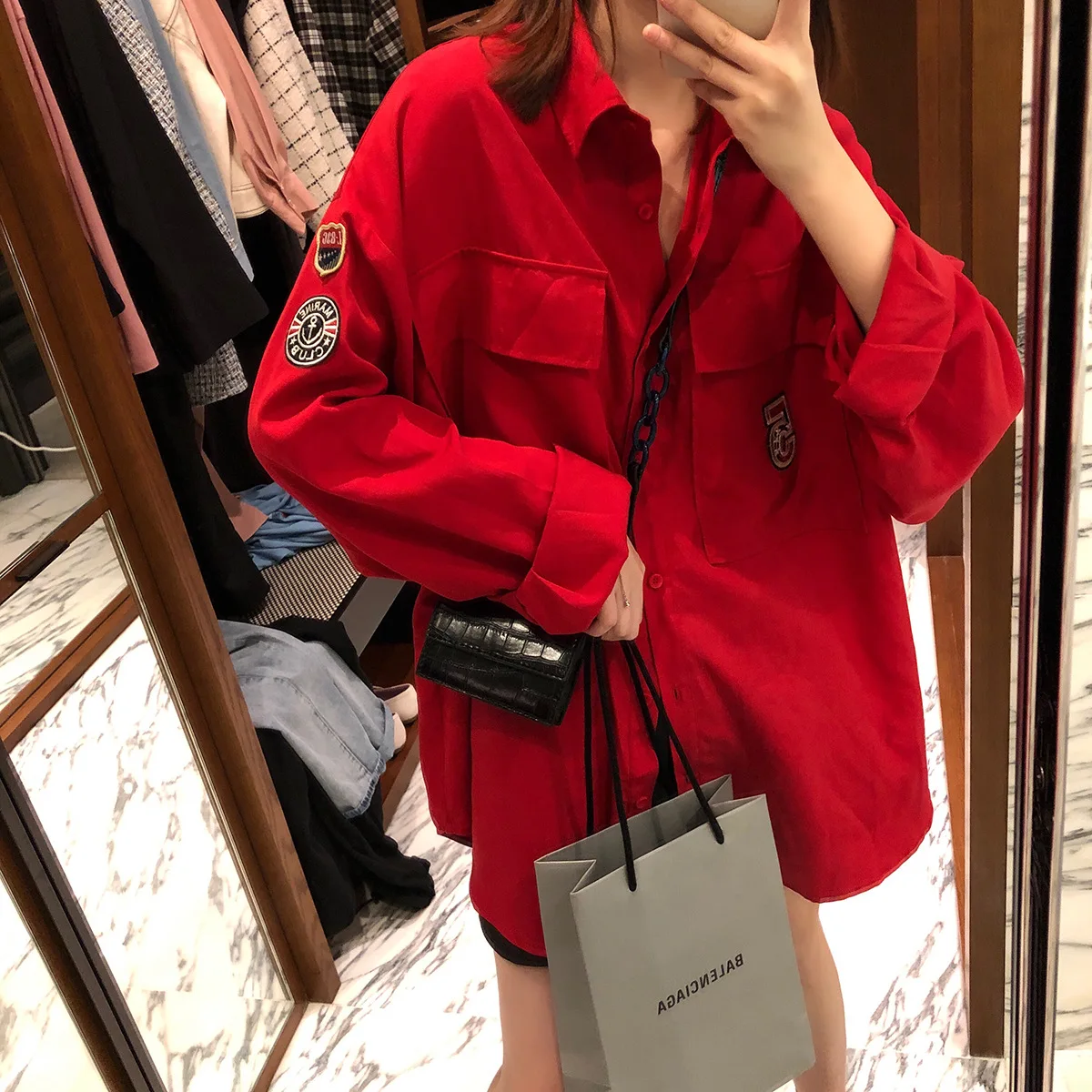 Boyfriend of Badge Red Loose Thin Spring And Autumn Long-sleeved Shirt Coat