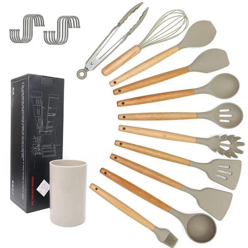 Wood handle silicon kitchen utensils 11 sets of non-stick pot silicon cooking spoon shovel - Цвет: Темный хаки