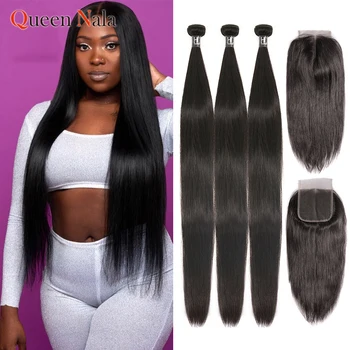 

Queen Nala OneCut Hair Bundles With Closure P Brazilian Hair Weave Bundles Straight Remy Human Hair Extension