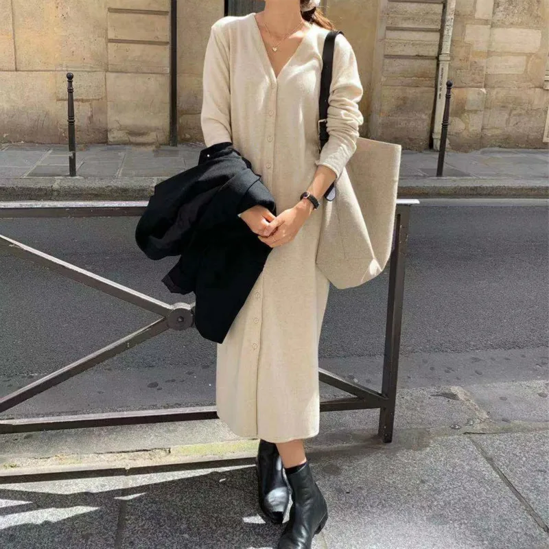 Tanie Kobiety jesień długa koszula sweter sukienka V Neck pojedyncze piersi Vestidos proste szata Femme elegancka Jurken Plus Size Sukienki