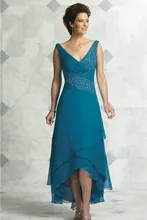 

Elegant Mother of the Bride Dresses V Neck Pleated Beading Chiffon Tea Length High Low Turquoise Women Party Dress for Prom