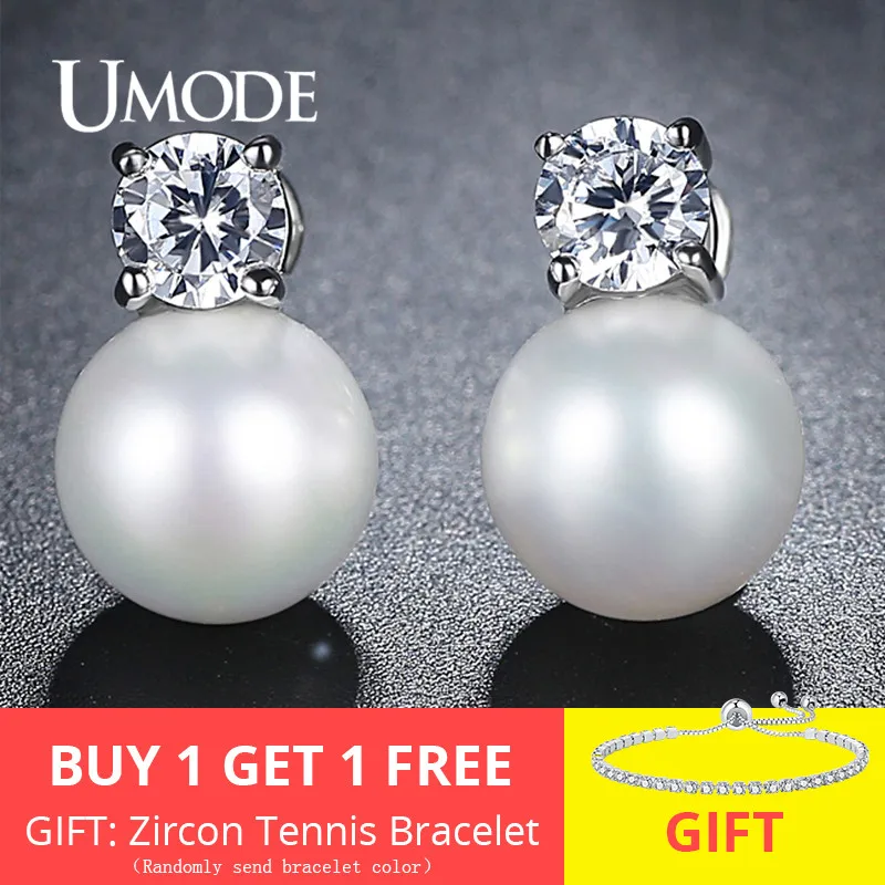 UMDOE New Fashion Pearl Jewelry Stud Earrings for Women White Gold Color CZ Boucle D'Oreille Femme Bijoux Christmas Gifts UE0342