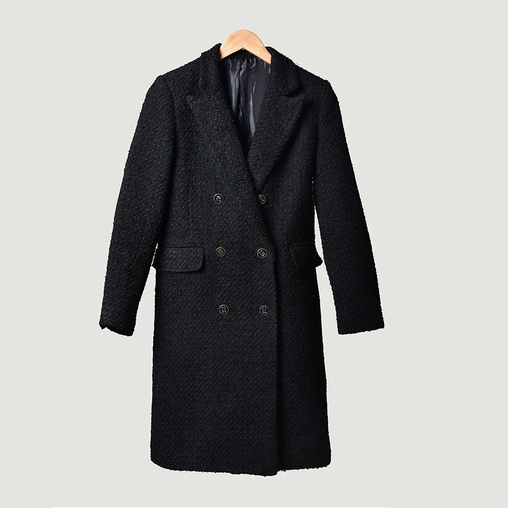 

Women's Black Long Coat Double Breasted Turn-down Collar Wide-waisted Solid Color with Pockets 2019 New