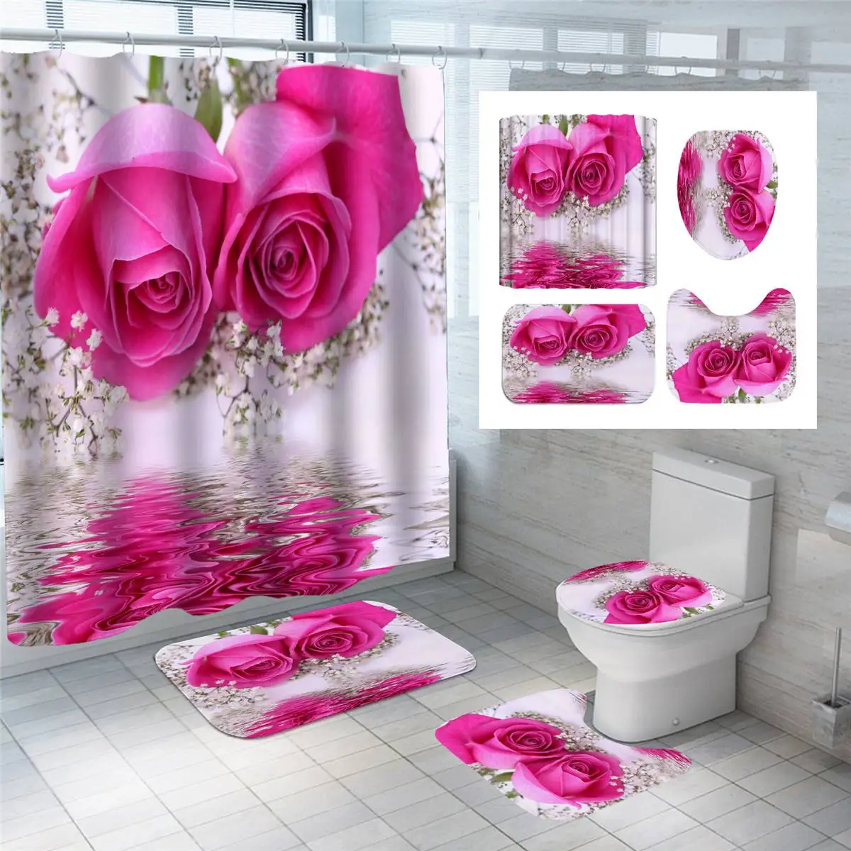 Xueqin Pink Rose Printed Pattern 180x180cm Shower Curtain Pedestal Rug Lid Toilet Cover Mat Non-slip Bath Mat Set Bathroom