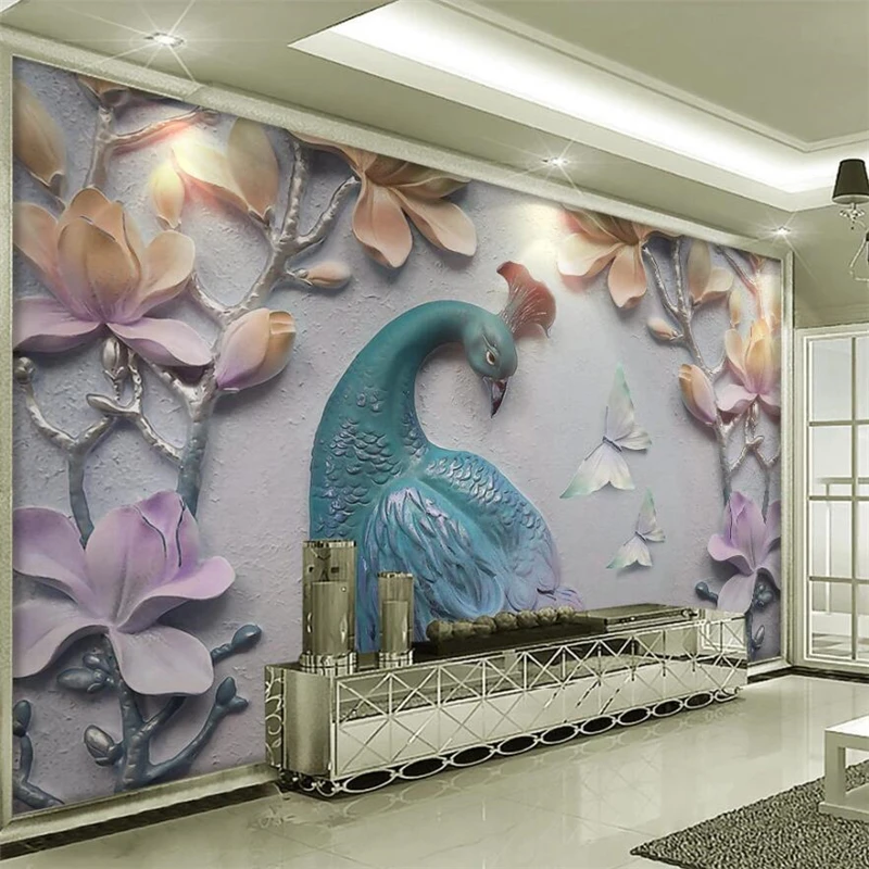 beibehang Custom wallpaper 3D papel de parede embossed plain ya magnolia peacock living room wall decorative painting | Обустройство