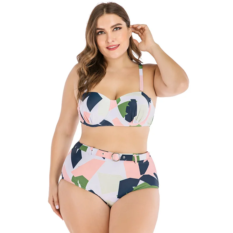 

2020 Plus Size 4XL Print Bikini Set Large Size Two-piece Swimsuit Women High waist Swimsuit Tankini Set Split Bodysuit Straps