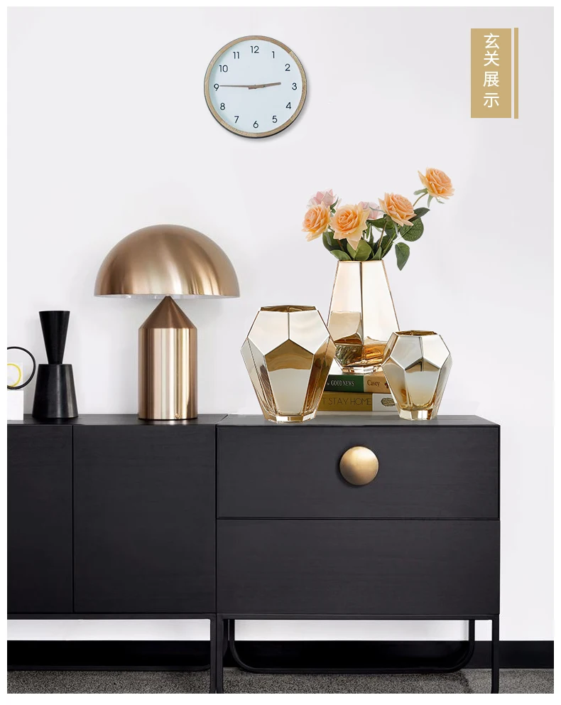 Home Vase Glass Vases Geometric Golden Flower Insert Artificial Fake Rose Origami Furnishings Home Decoration Accessories Modern