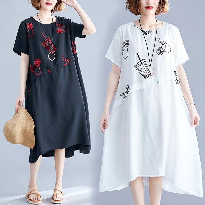 

2019 Summer New Style Loose-Fit Flax Joint Embroidery WOMEN'S Dress Large Size Slimming A- line Medium-length Dress