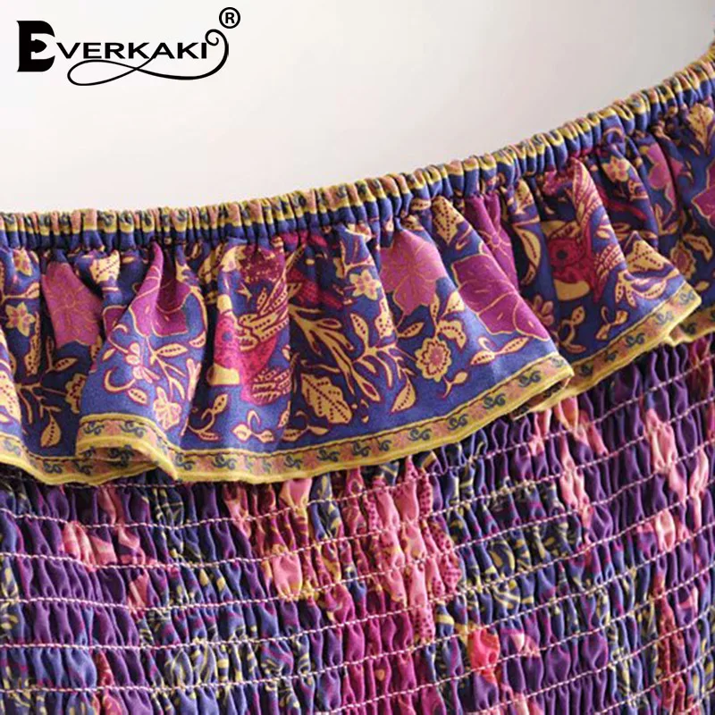 Everkaki, женские топы, Boho, цветочный принт, блузка, рубашки, оборки, летние, эластичные, повседневные, для девушек, короткий топ, шикарные блузки для женщин, новинка